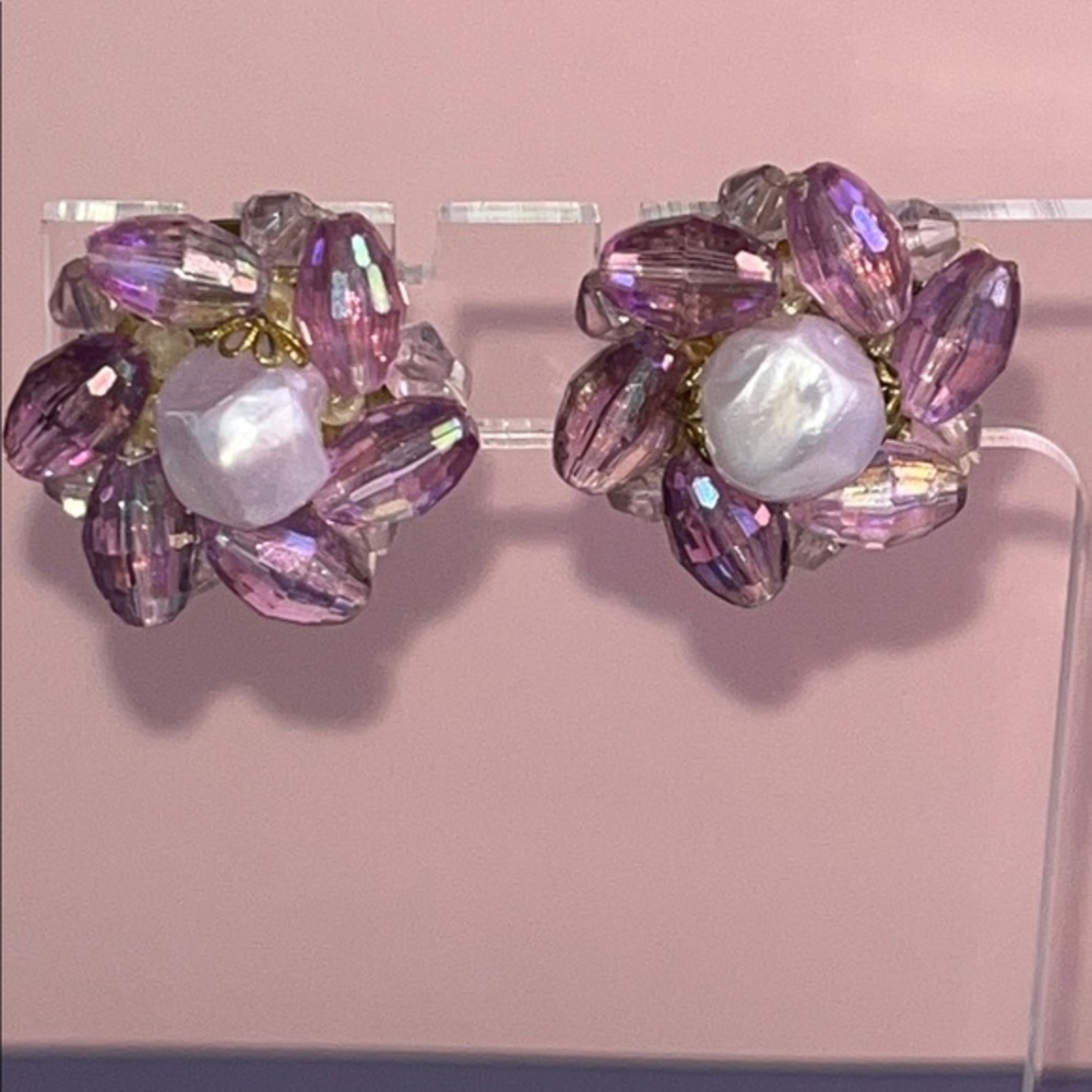 Vintage West Germany Purple Crystal Flower Cluster Clip Earrings
